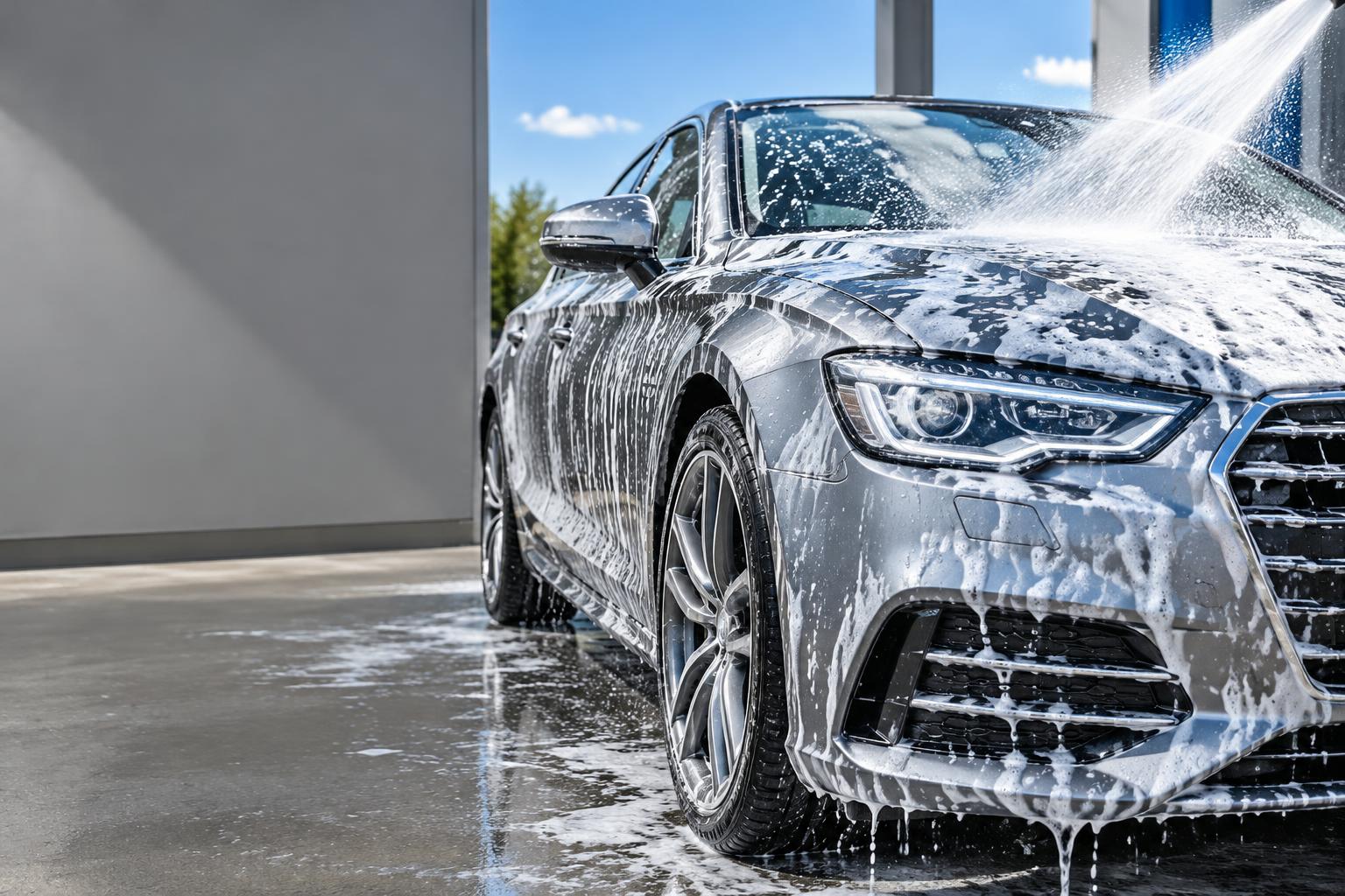 Imagem ilustrativa de um carro recebendo uma lavagem com água e espuma